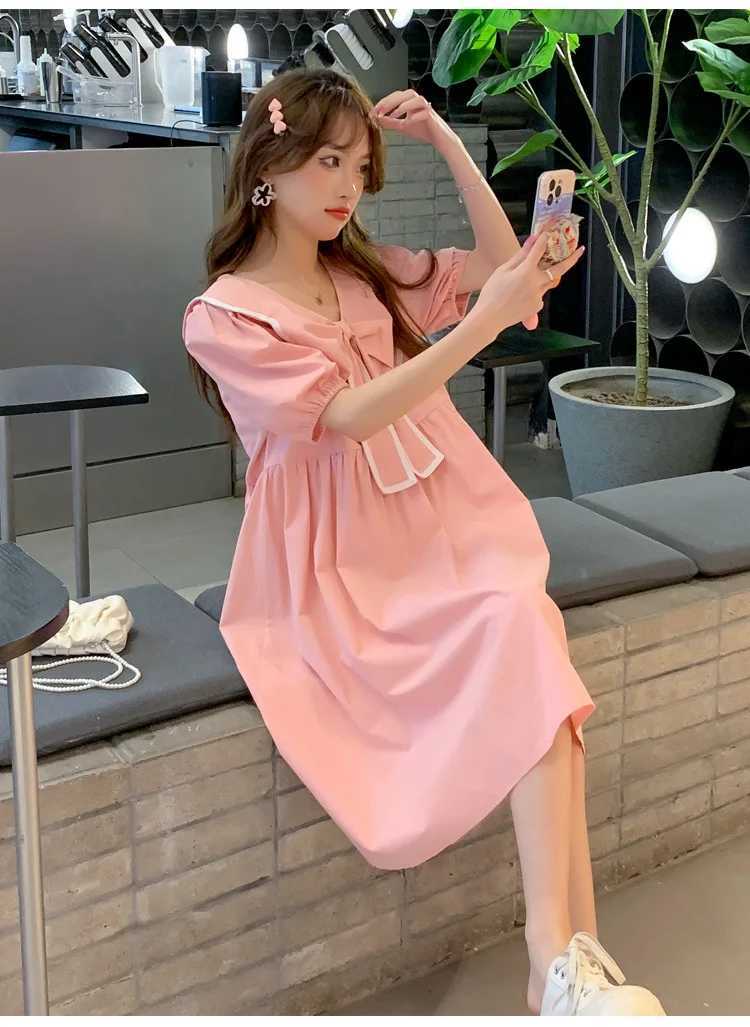2024 Summer Maternity Dress Sweet Bow Big Lapel Clothes for Pregnant Women Fashion Short Sleeve A Line Loose Pregnancy DressesT250311