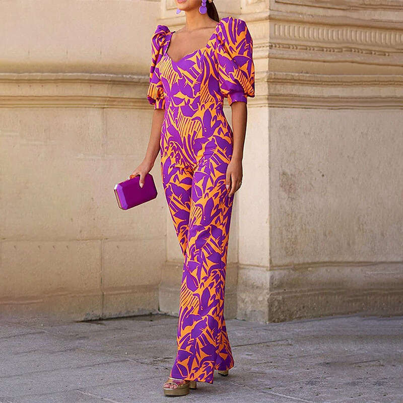 2025 Spring New Women's Fashion Printed V-Neck Lantern Sleeve Waist Jumpsuit For Women KLMY