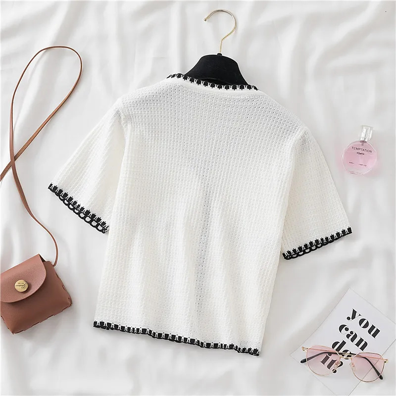 Summer Women Solid VNeck Casual Crop Top Singlebreasted Pocket Patchwork Cardigan Versatile Loose Short Sleeve Shirts 250311
