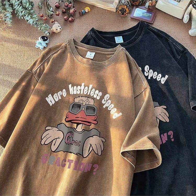 2025 new American fashion designer summer men's short sleeved T-shirt washed and worn fashionable high street loose half sleeved trendy short sle