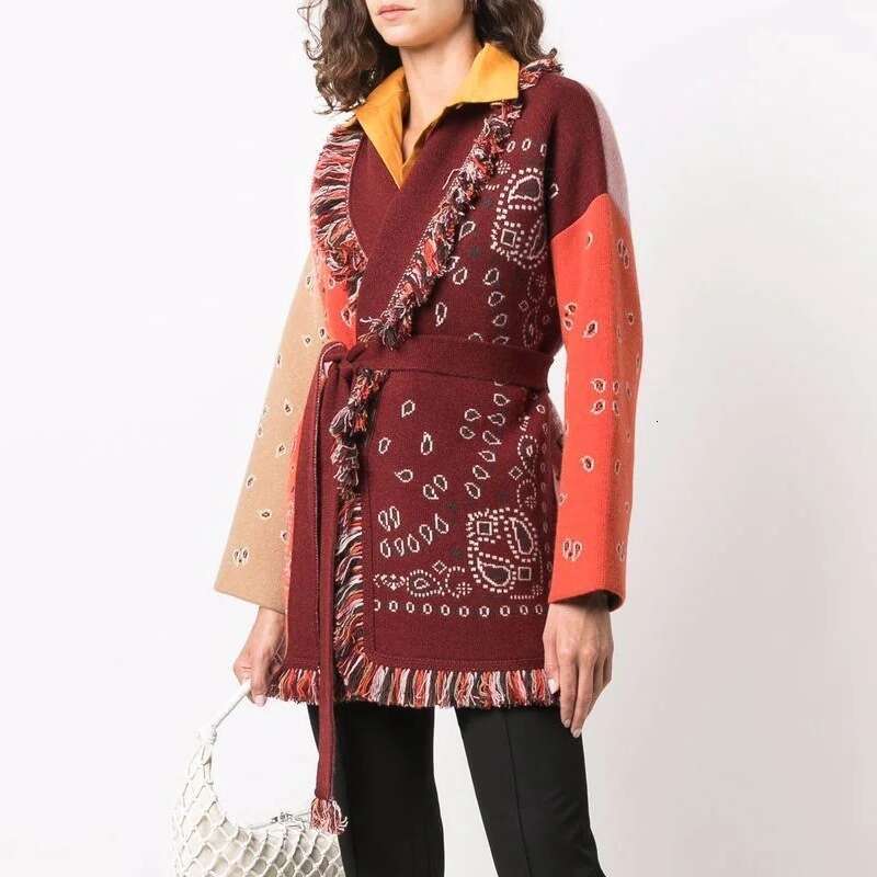 New Niche Bohemian Color Blocked Jacquard Sweater Cardigan Wool Blend Loose Knit Jacket