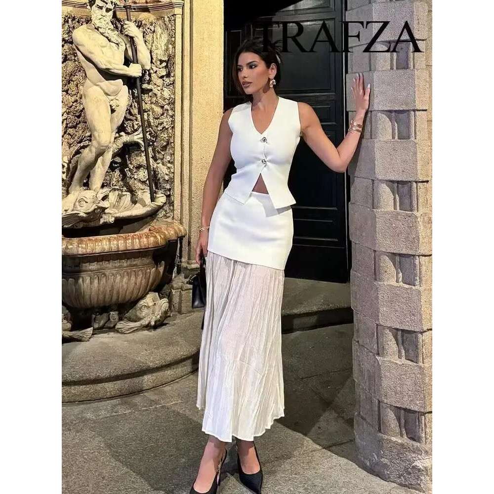 TRAFZA Women 2 Piece Set Chic V-Neck Sleeveless Button Knitted Vest Top+Splicing High Waist Side Zipper Ankle-Length Skirt TRAF
