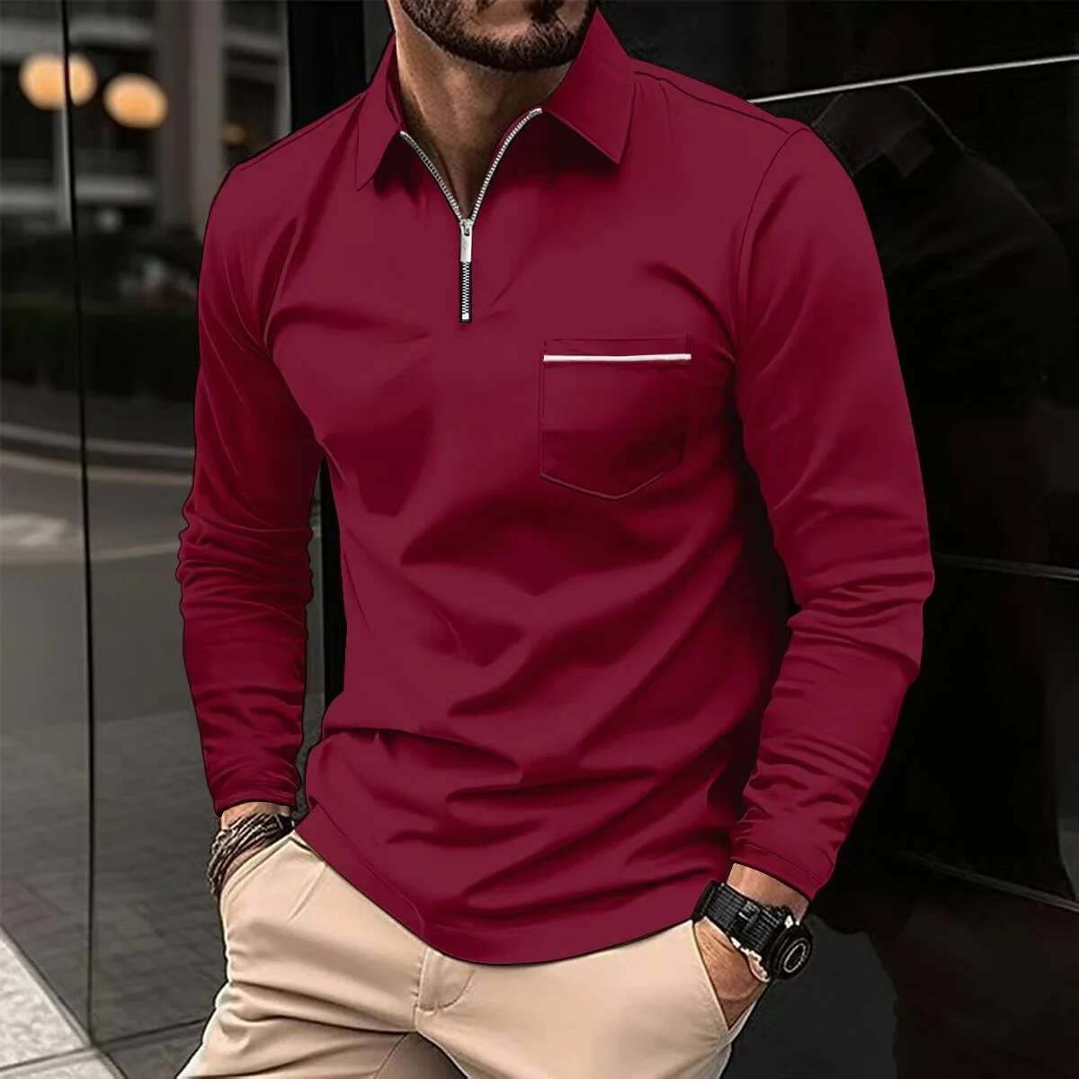 Spring Autumn Solid Color Polo Shirt Zipper Pocket Lapel Men's Casual Sports Long Sleeve Top Men