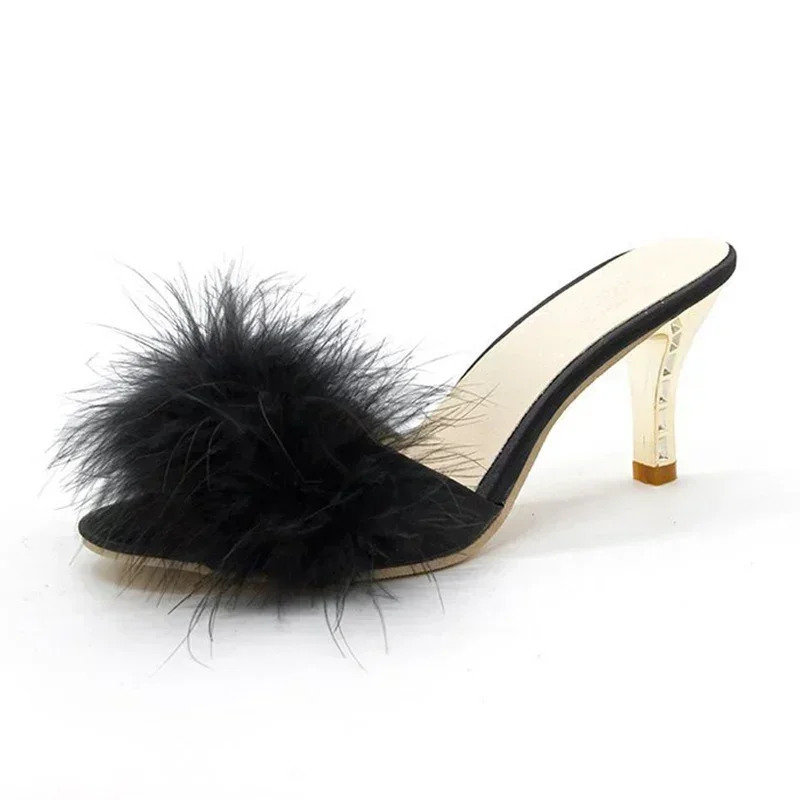Summer Womens Slippers Stiletto Sandals Party Womens Flip-flops High Heels Furry Mule Shoes 250311