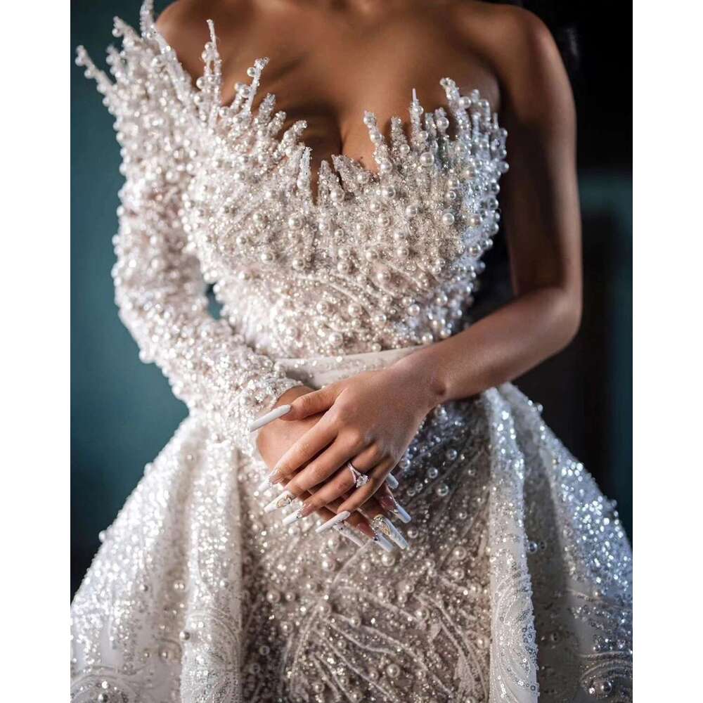 Elegant Dresses with Sequins, Exquisite V Neck, Pearls, Mermaid, Beading, One Shoulder, Wedding Dress