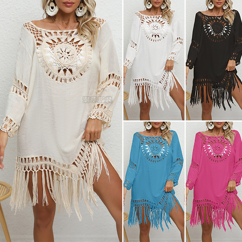 Holiday Hand Hook Flower Solid Color Splicing Long Sleeved Beach Fringe Sunscreen Sexy Hollow Transparent Cover Shirt Skirt