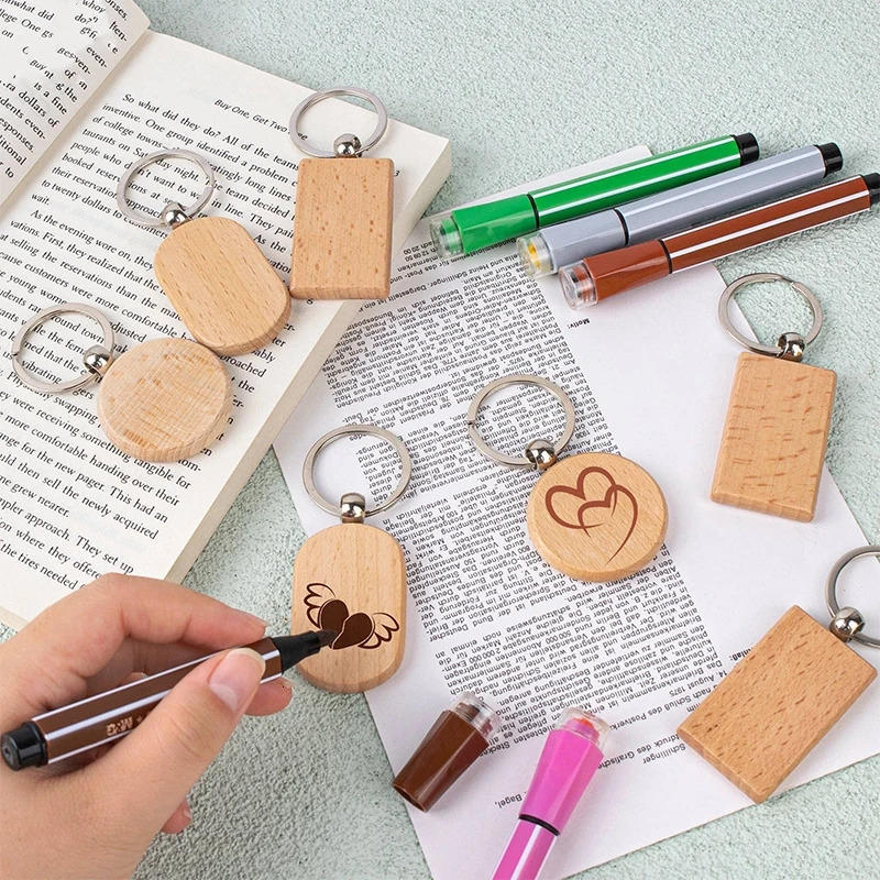 30Pcs Blank Wooden Key Chain Rectangle Key Chain Tags Wood Keychains Key Ring for DIY Craft 250305