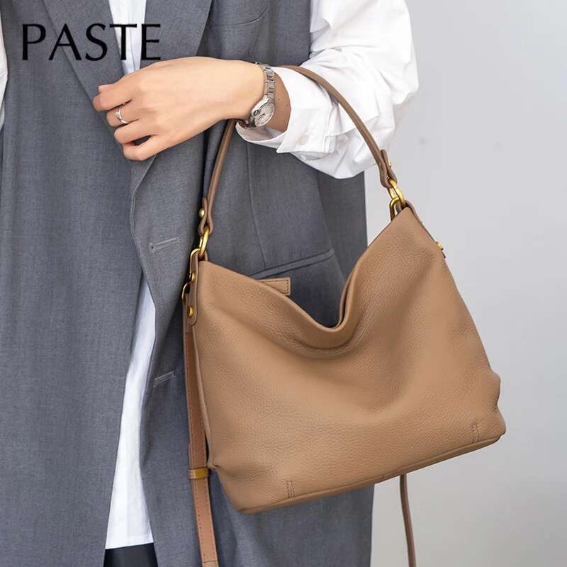 Vintage Coffee Color High Quality Soft Bucket Tote Grey Natural Import Cow Leather Women Shoulder Bag Daily-Use Handbag