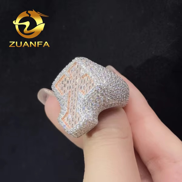 Custom Jewelry 18k Rose Gold Plated Iced Out Vvs Baguette Moissanite Ring for Men Cross Hip Hop Ring 925 Sterling Silver
