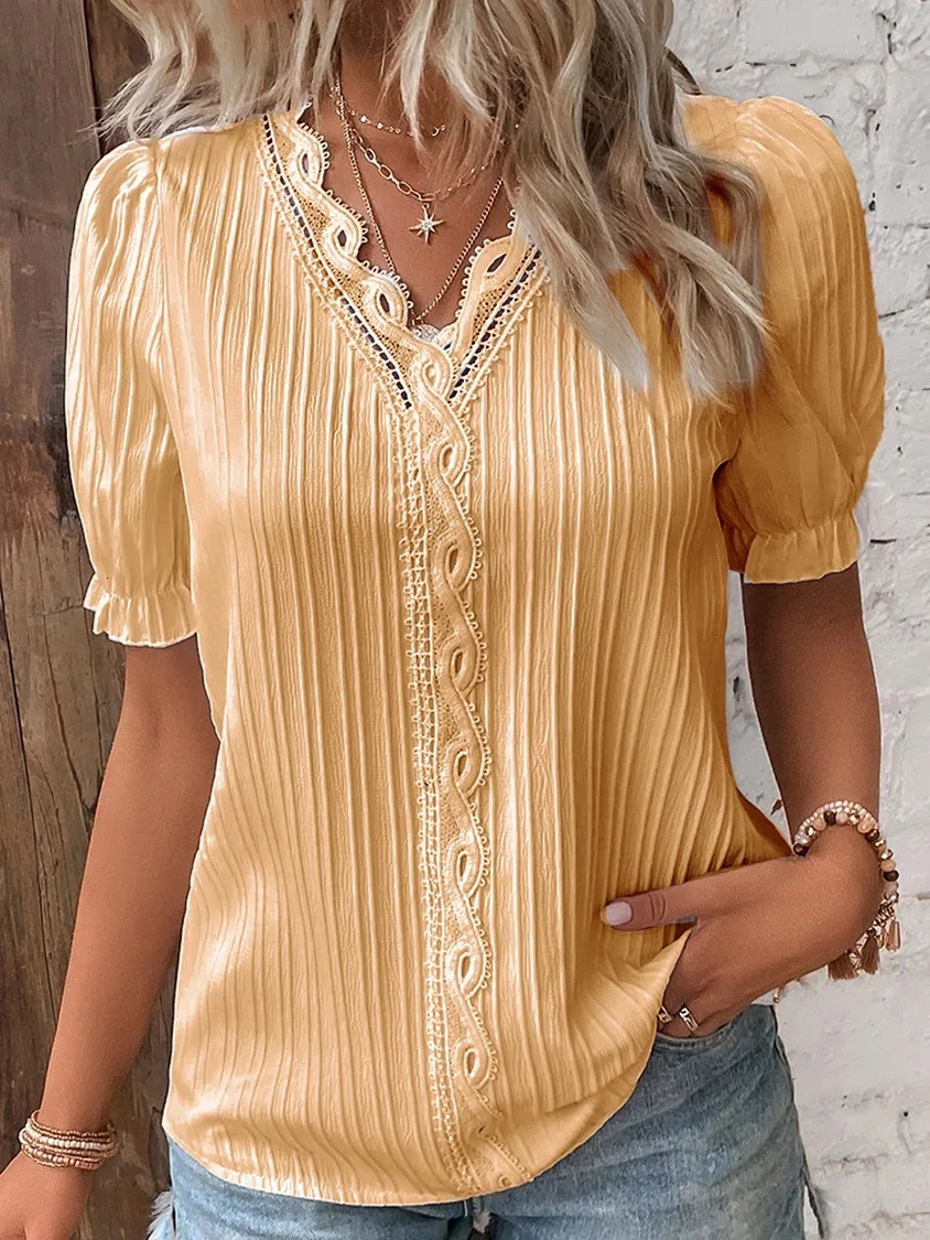 Womens Summer Top Solid Sexy VNeck Hollow Short Sleeve Shirt Fashion Splice Plus Size Blouse Loose Street Apparel 250311