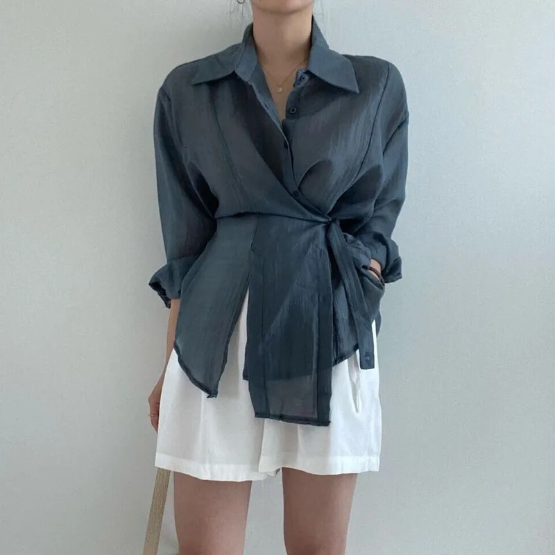 Sunscreen womens shirt chic loose long sleeved fashionable casual button up top office elegant clothing 15674 250310