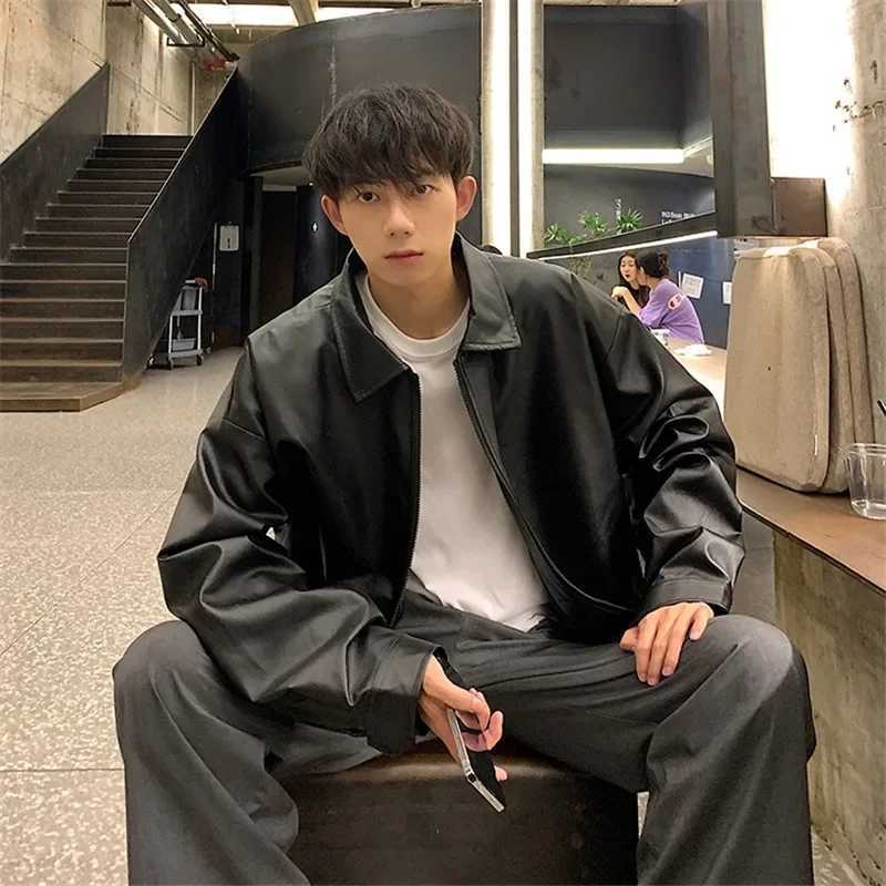 Mens Fall Loose Fit Vintage American Style Leather Jacket High End Feel Street Hong Kong Style PU Leather Jacket Casual SceneT250311