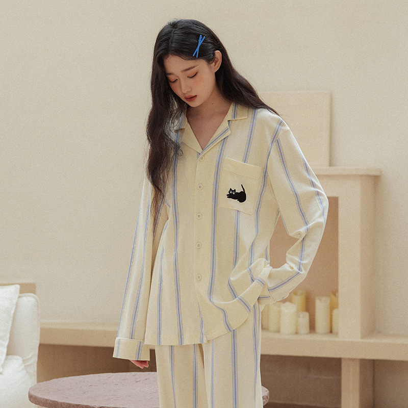 B769-Autumn new pure cotton pajamas women's vertical stripes cat long sleeve cotton home clothes suit