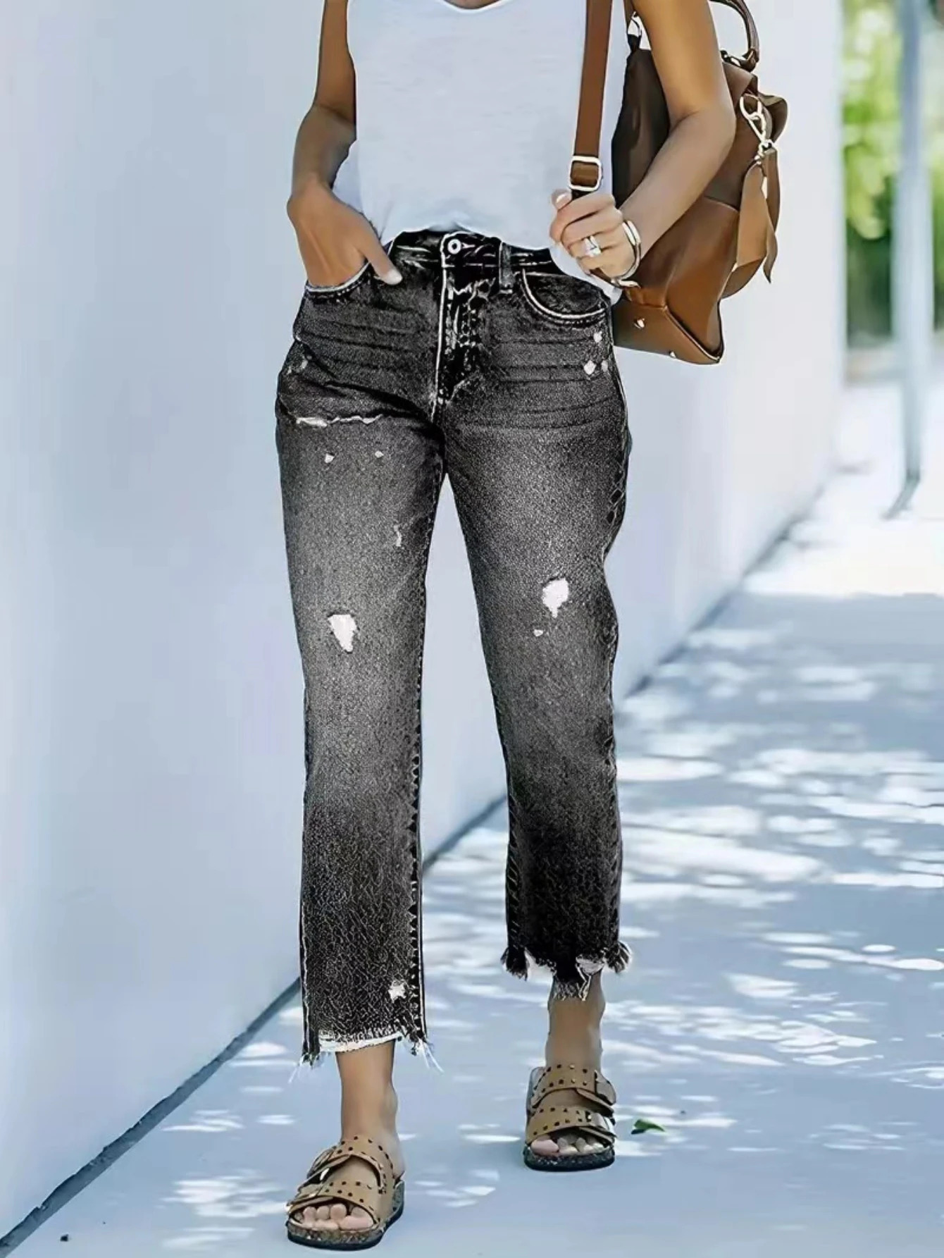 Womens selling midwaist straight pants washed casual ripped jeans 250311