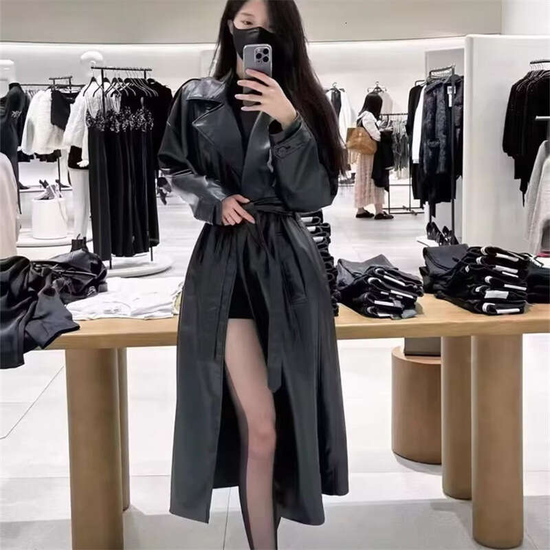 Women's 2023 Spring Autumn Collection Light Temperament, Featuring A Mature Imperial Style And Faux Leather Long Windbreaker With Belt Jacket For