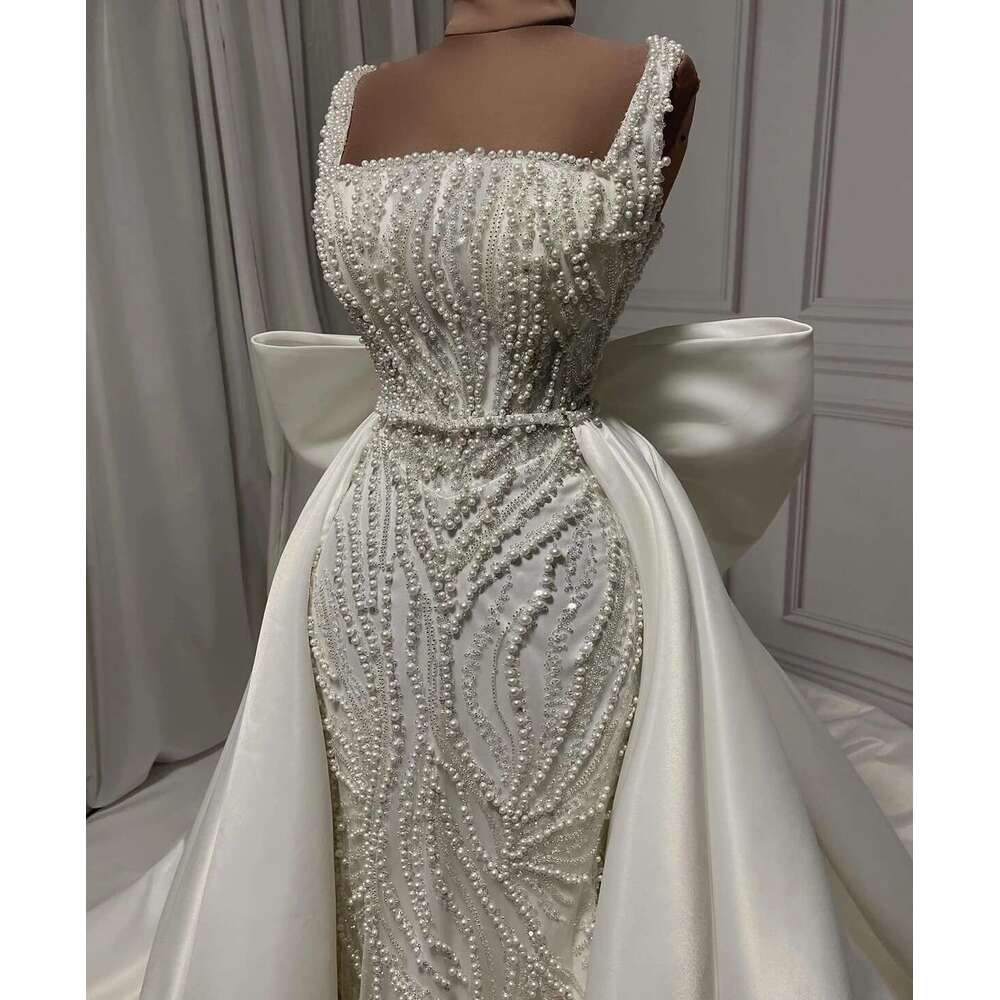 Pearl Mermaid Dresses, Elegant Square Neck Wedding Dress, Detachable Train, Bow Sleeves Tie Bridal Dress