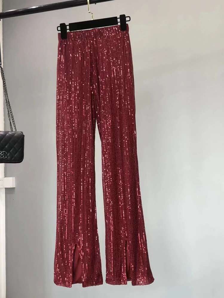 Pants Woman Elastic Waist Sequins Slit Cut Wide Leg Trousers Shiny Full Length Straight Female High Street 2023 New