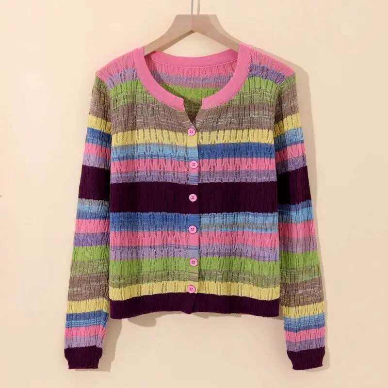 Rainbow Striped V-Neck Knitted Casual Chic Long Sleeve Women's Single Breasted Sweater Cardigan For Women Clothing
