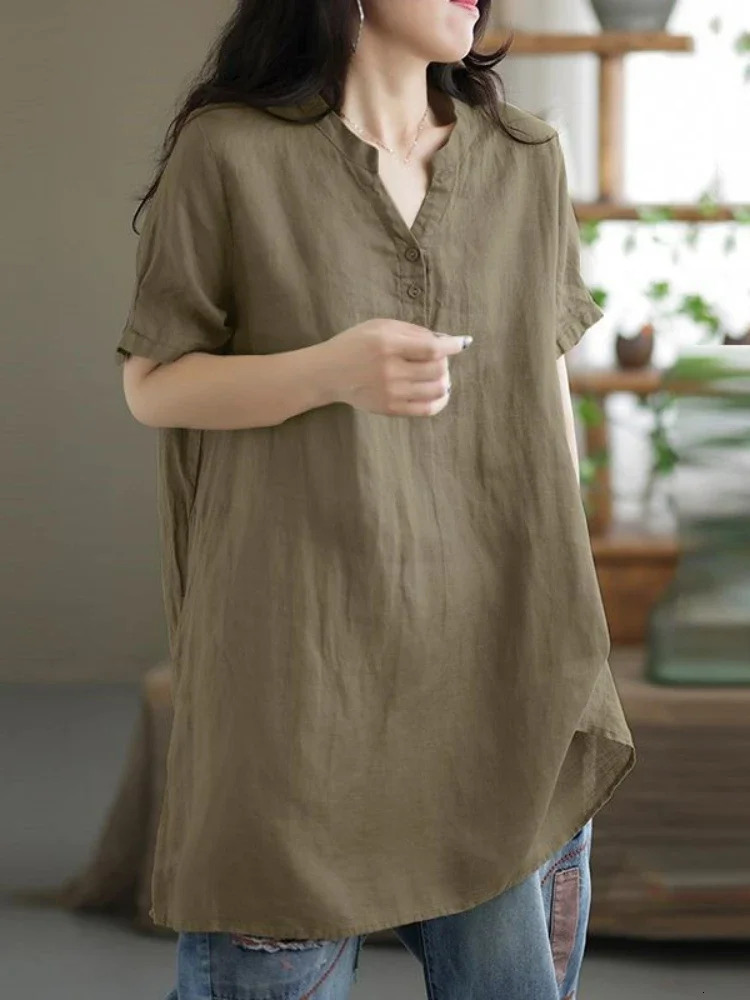Summer Fashion Cotton and Hemp Womens Shirt Commuting Style Casual Half Open Short Sleeve Top 250311
