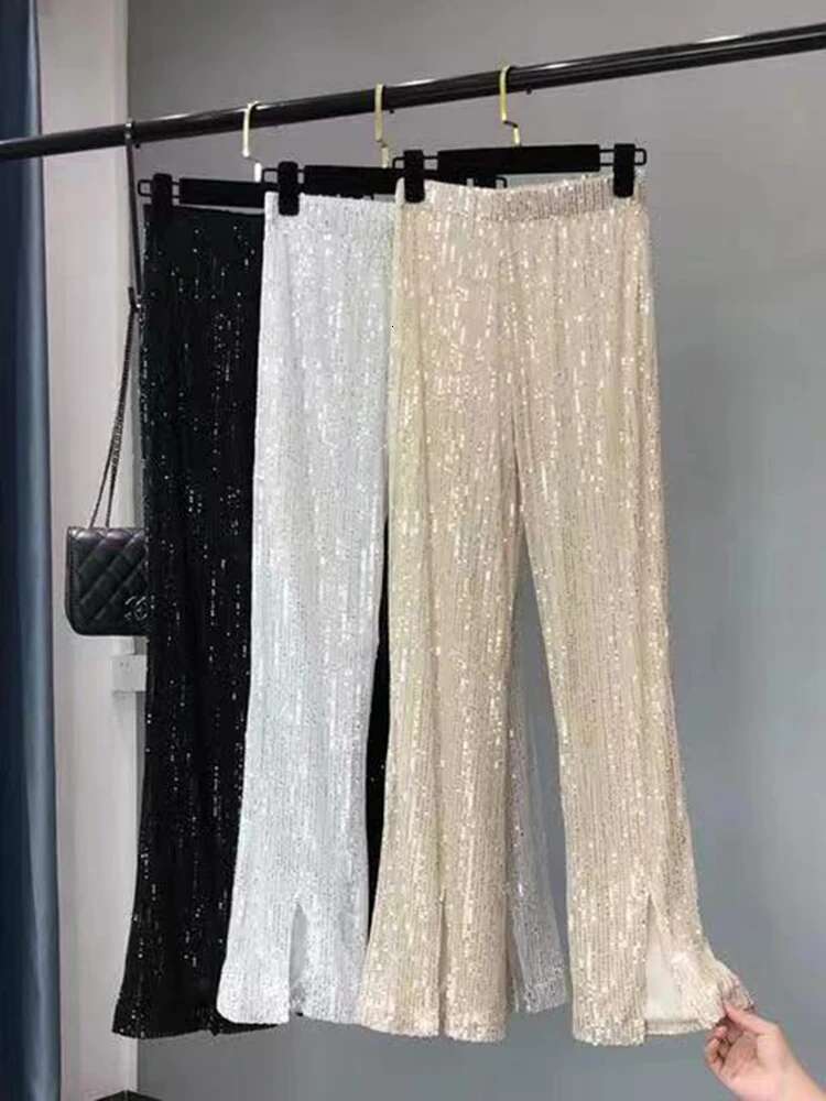 Pants Woman Elastic Waist Sequins Slit Cut Wide Leg Trousers Shiny Full Length Straight Female High Street 2023 New