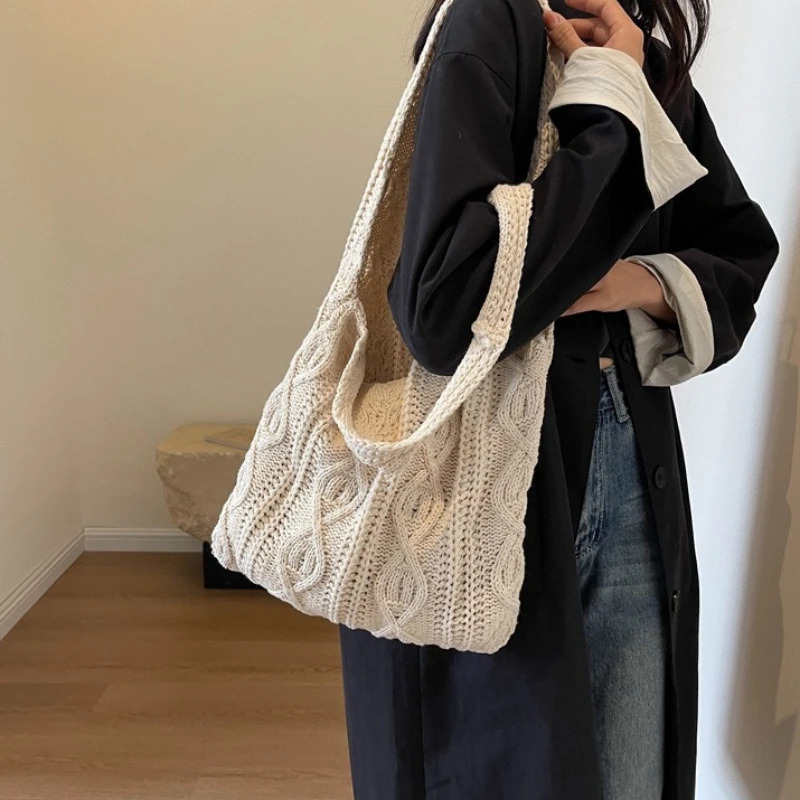 Wool Knitted Shoulder Shopping Bag for Women Vintage Cotton Cloth Girls Tote Shopper Bag Large Female Handbag Crochet Bag R250311