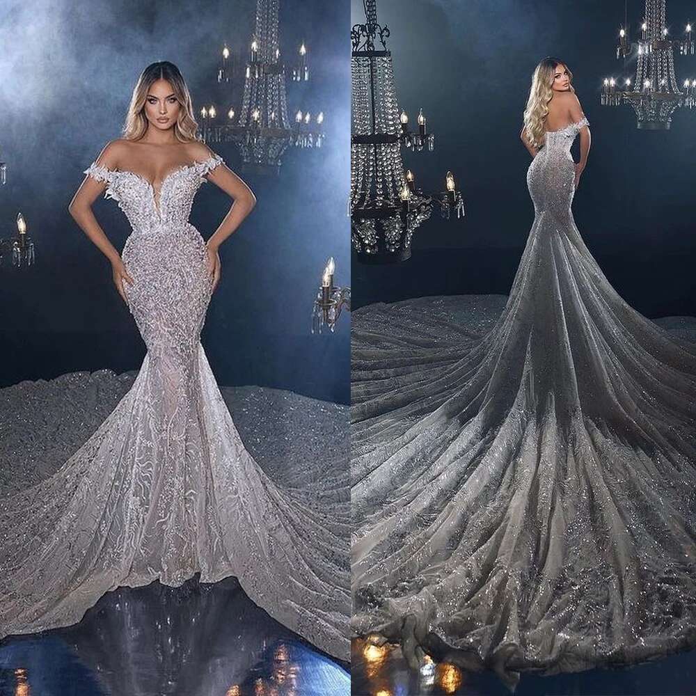 Exquisite Arabic Ace Ebi Mermaid White Off Shoulder Lace Worship Long Train Bridal Dresses Dress