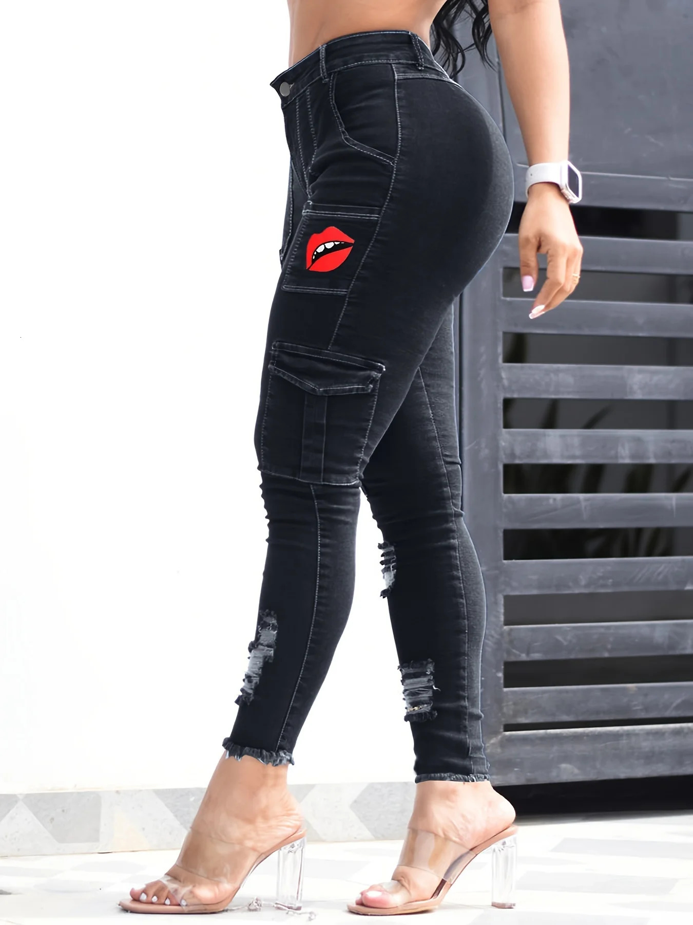 Womens blue elastic jeans raised waist and hips tight tipped hair edges sexy top multi pocket pants lipstick print 250311