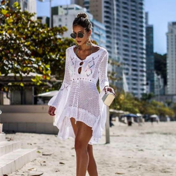 New Hollow Out Knitted Skirt With Flared Sleeves, Beach Jacket, Sexy Bikini Cover Up, Sun Protection Suit, Swimsuit, Outerwear