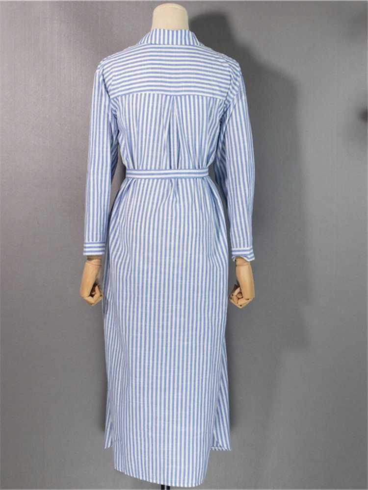 Colorfaith DR2268 2023 New Striped Lace Up Cotton and Linen Shirt Dress Spring Summer Women Korean Fashion Chic Long DressesT250311