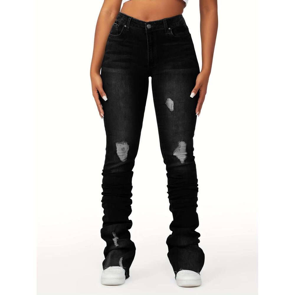 high waisted layered denim bell bottom European American Instagram trendy styles, slim fit and perforated women's straight bucket pants, 2025 tem
