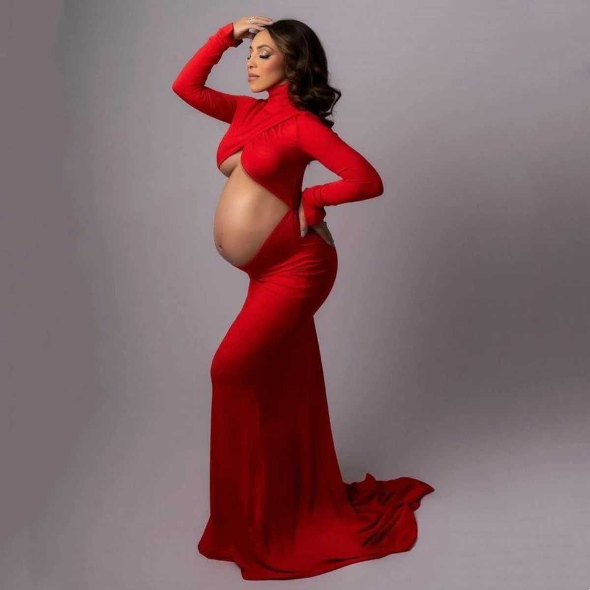 Hollow Out Belly Maternity Photo Shoot Maxi Dress Stretchy Pregnancy Woman Photography Props Dress X250224