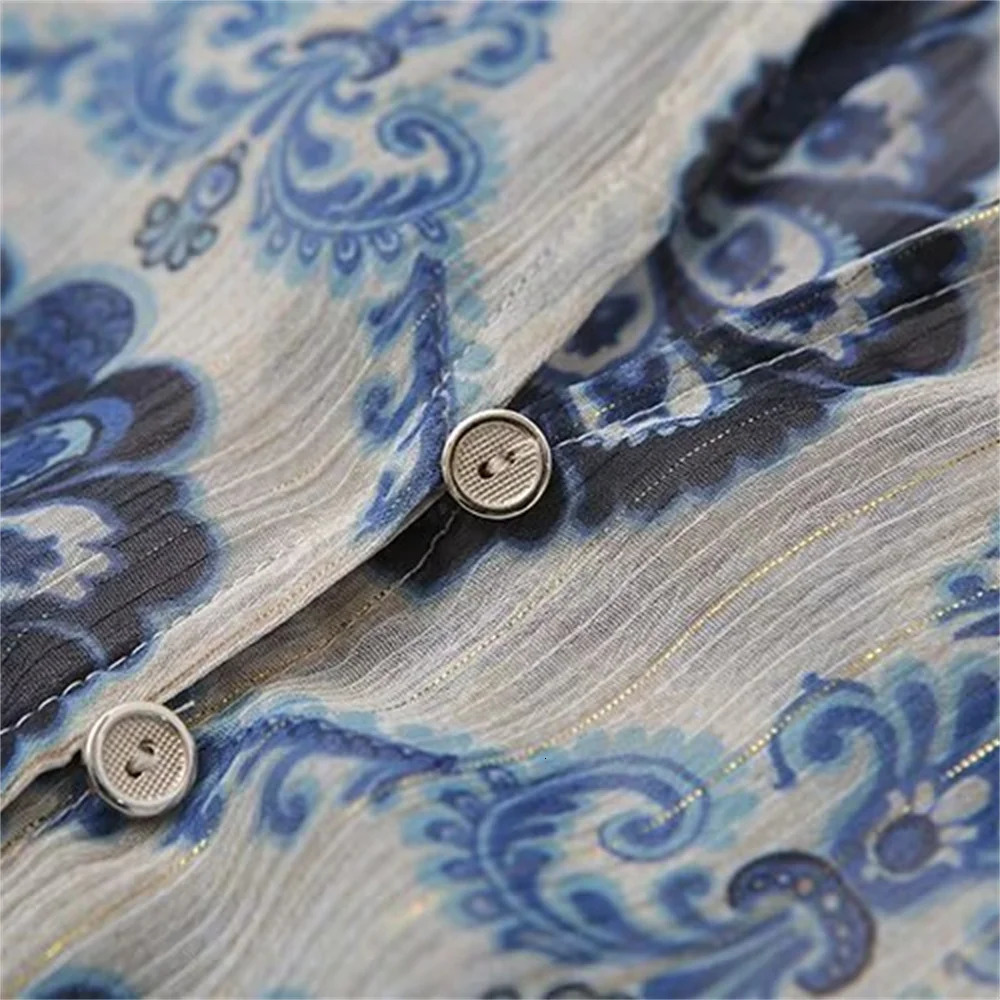 ZAR SpringSummer Womens European and American Style Lantern Sleeves Flip Collar Metal Thread Printed Shirt 250311
