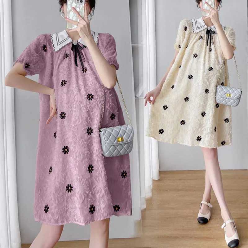 Maternity Summer Dress Fashion Floral Embroidered Lace Short Sleeve Dress Loose Casual Sweet Elegant Maternity Clothing DressT250311