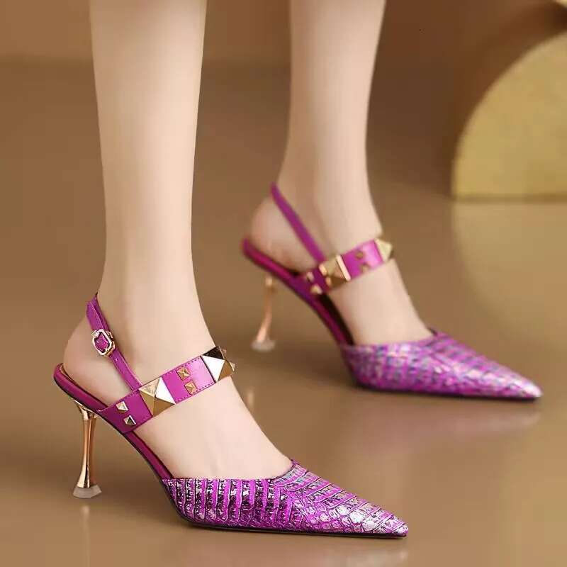 Large Elegant 34-43 Baotou Sandals for Women 41 New Rear Empty High Heels 42 Small Shallow Mouth One Button Single Shoes