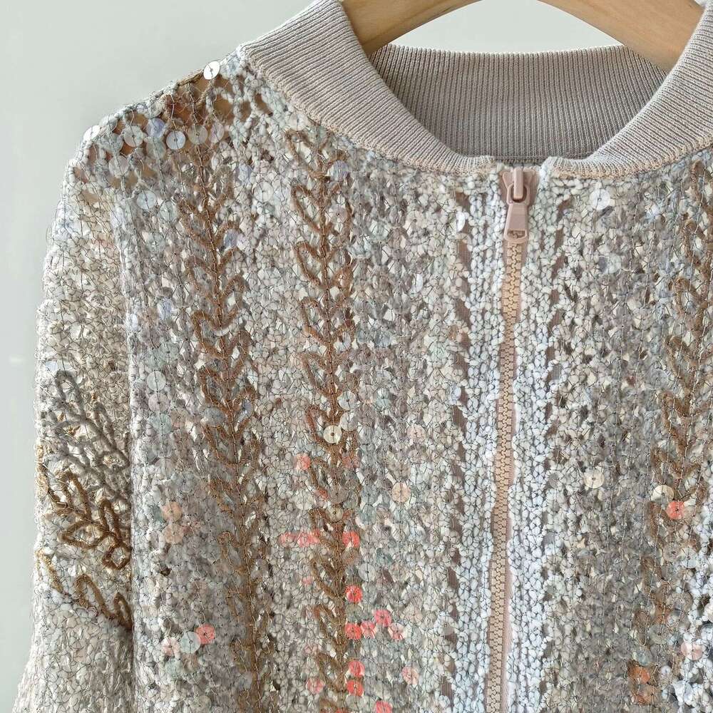 Baorong High-End BC Knitted Jacket For Autumn Women's Clothing, Lao Qian Feng Heavy Industry Fish Scale Sequin Semi High Neck Cardigan