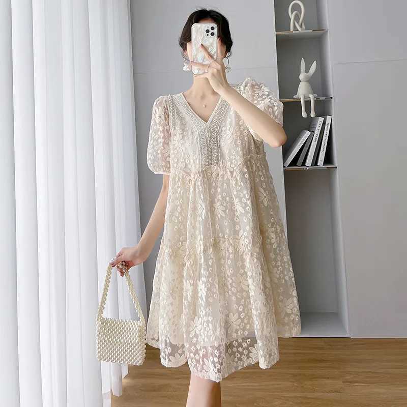 2022 Palace Style Maternity Dress Summer Fashion Embroidery Lace Short-sleeved Loose Casual Skirt Summer New Elegant PregnancyT250311