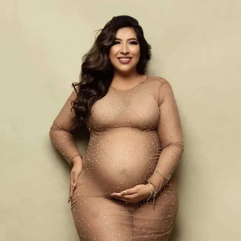 New Transparent Maternity Photography Gowns Sparkling Rhinestone Elastic Mesh Fashion Sexy Dress Pregnant Women For Photo Shoot X2502241