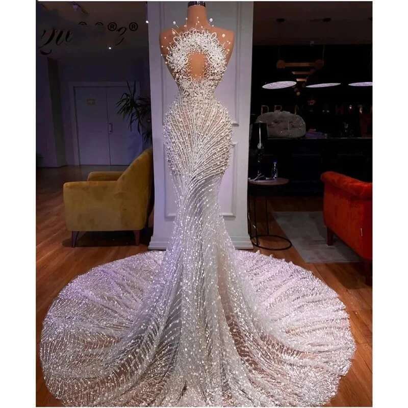 Sleeveless dresses for women, sexy wedding dress, bridal dresses, sweep floor, pearls, the