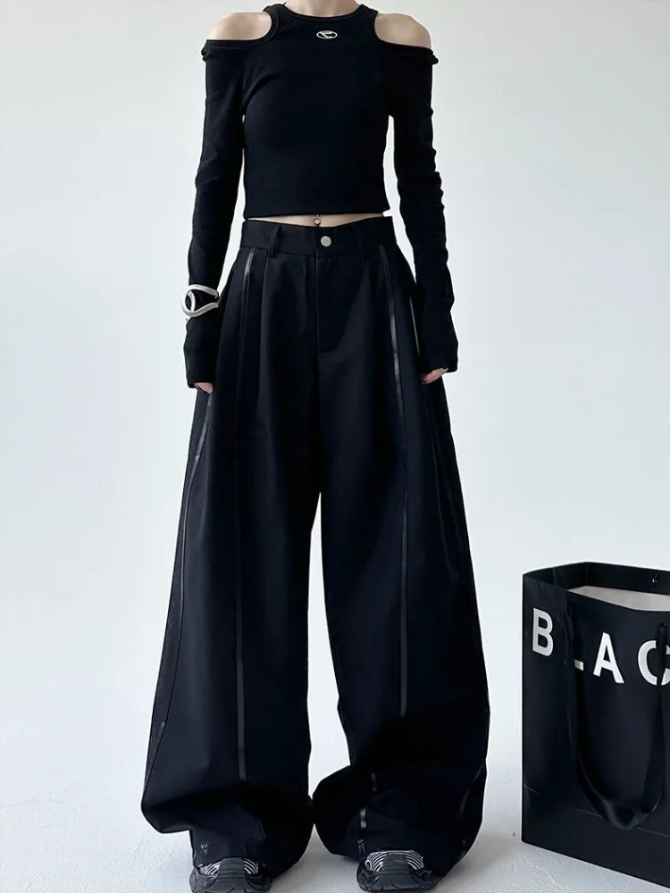 HOUZHOU Y2k Baggy Black Patchwork Pants Leather Striped Vintage Woman Oversized Harajuku Trousers Korean Casual Slacks Autumn 250305