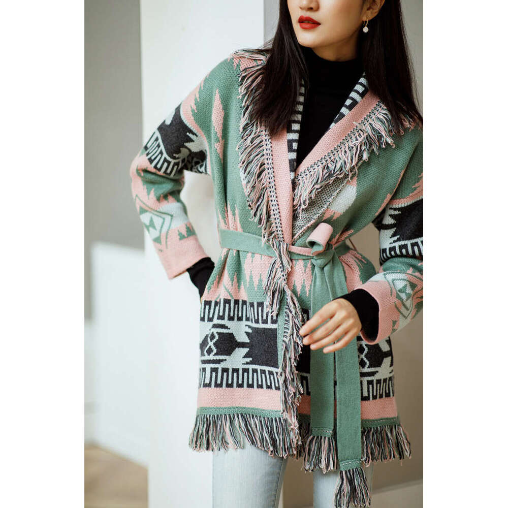 Bohemian Jacquard Cardigan Fashion Tassel Cashmere Sweater Large Collar Medium Length Knitted Jacket