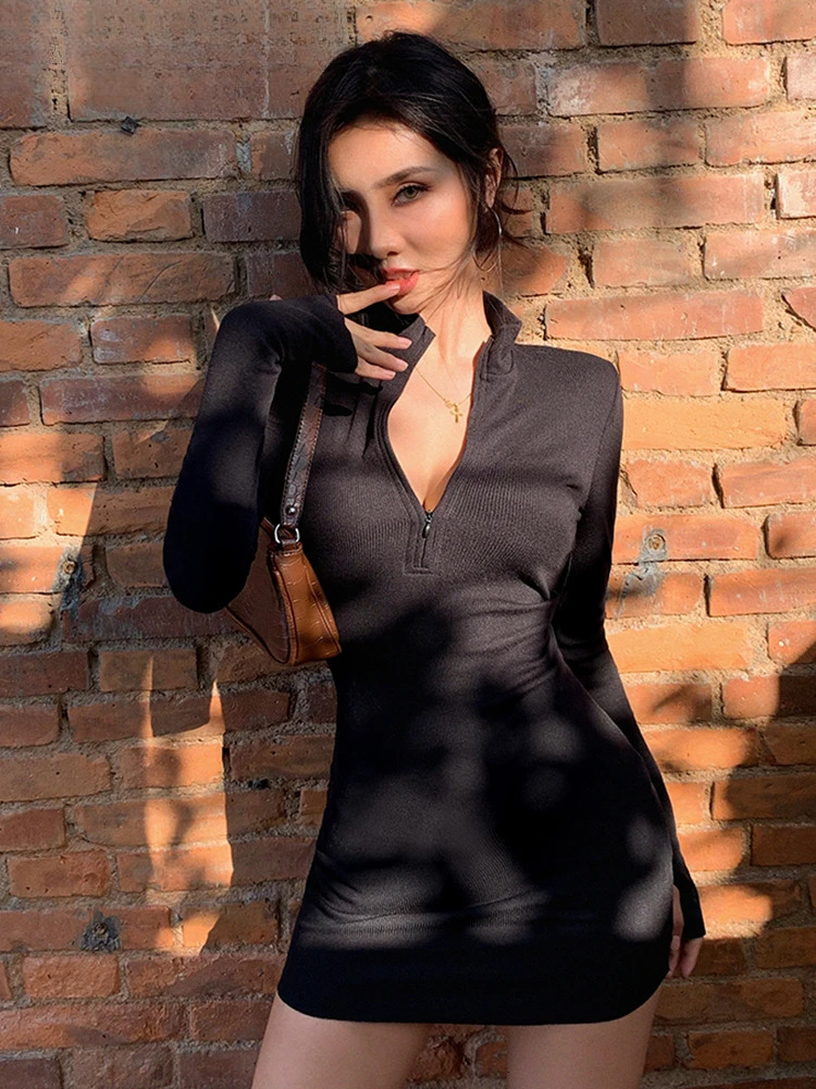Heda Elegant Autumn Winter Black Bodycon Women 2022 Turtleneck Slim Ribbed Knitted Long Sleeve Mini Dress Vestido