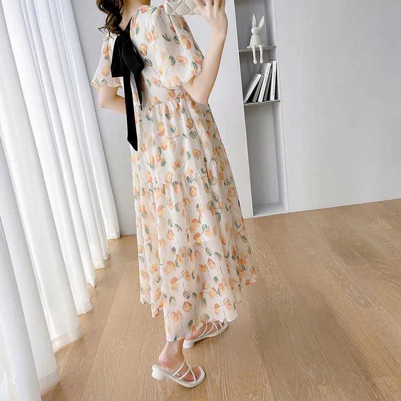 Maternity Dress Summer Printed Sweet Bubble Short Sleeves High Waist A Line Clothes for Pregnant Women Pregnancy DressessT250311