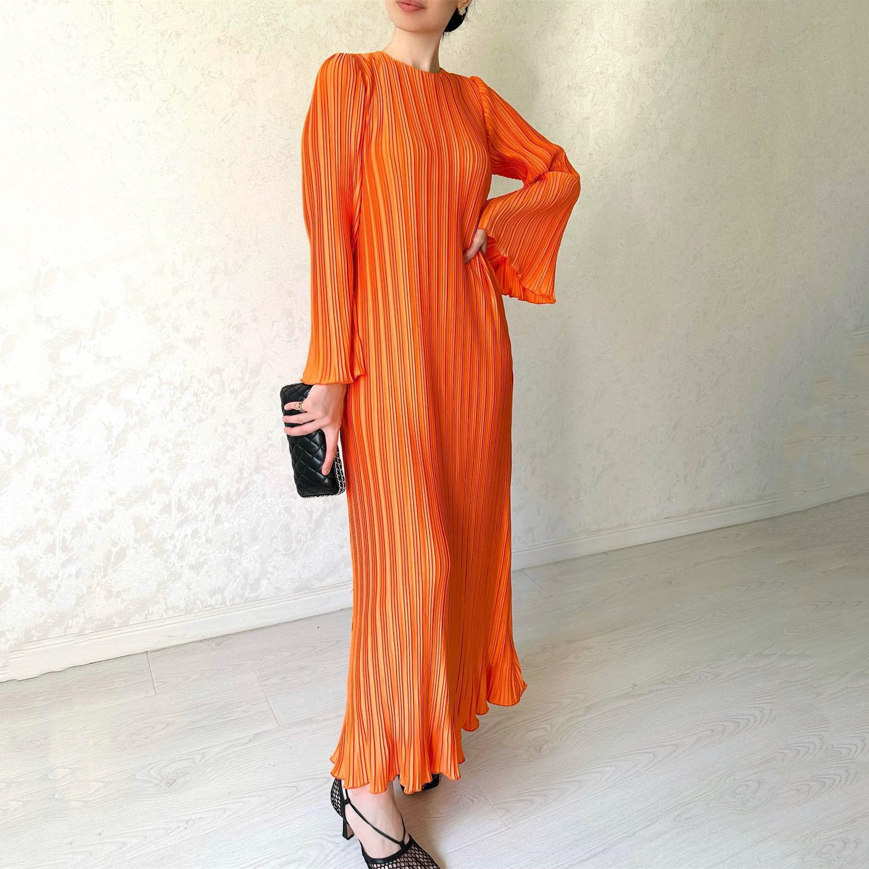 Plus Size Women Pleated Flared Sleeve Dress Spring Long Lantern Sleeve Sexy Round-neck Party Sundress Casual Loose Robe