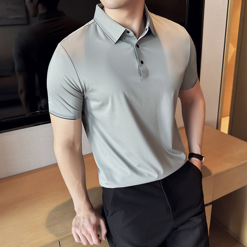 Non marking pressure glue free short sleeved polo shirt business high-end men's clothing, ice silk drape high elasticity nylon ammonia T-shirt fo