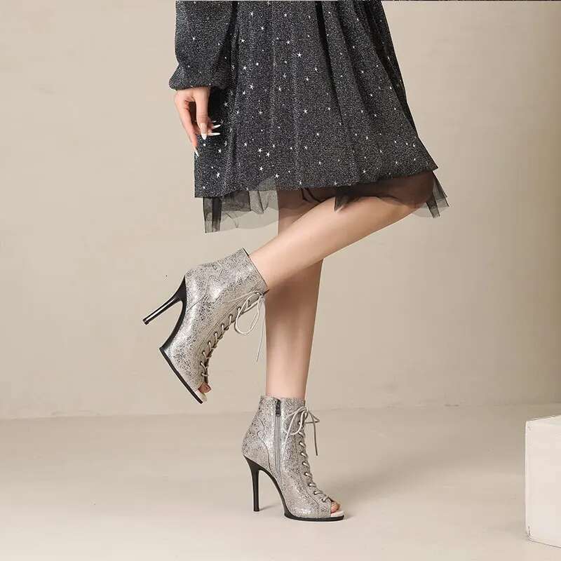 High Heel Womens Fashion High Heeled Boots Lace Up Cutout Peep Toe Boots Stilettos Jazz Dance Female Shoes Ladies