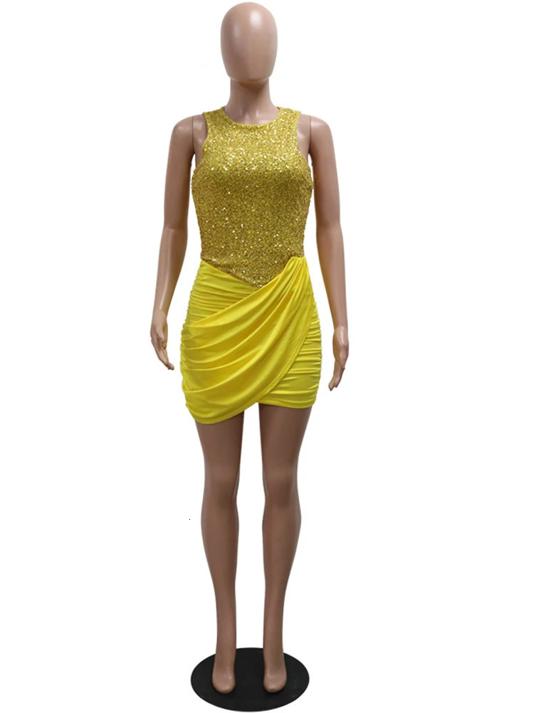 Kricesseen Yellow Sequins Patchwork Irregular Ruched Bodycon Birthday Dresses For Women O-Neck Sequins Night Out Dress Clubwear 250310