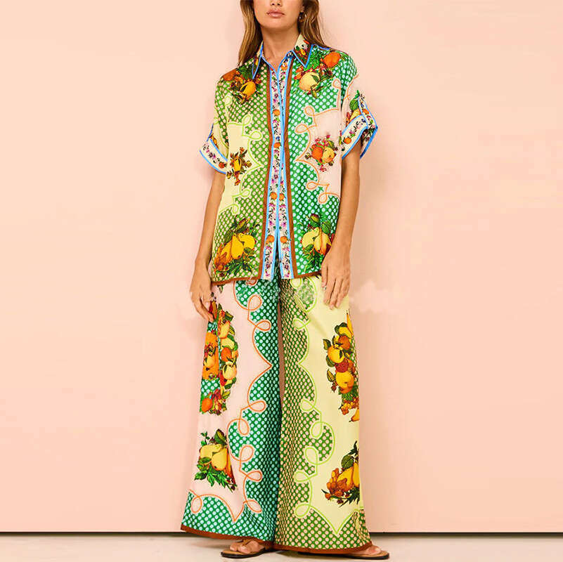 2025 Style Commuting Printed Color Blocked Short Sleeved Shirt, Wide Leg Pants, Spring Women's Suit KLMY