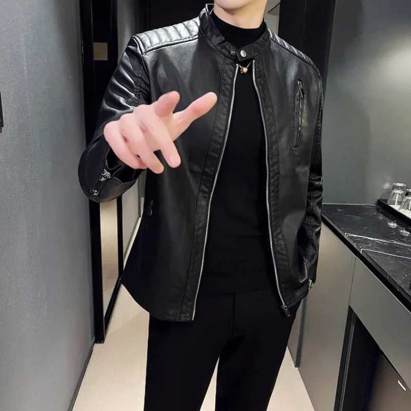 New Mens Autumn and Winter Collar Fashionable Workwear Motorcycle Leather Jacket Casual Trend PU Leather JacketT250311
