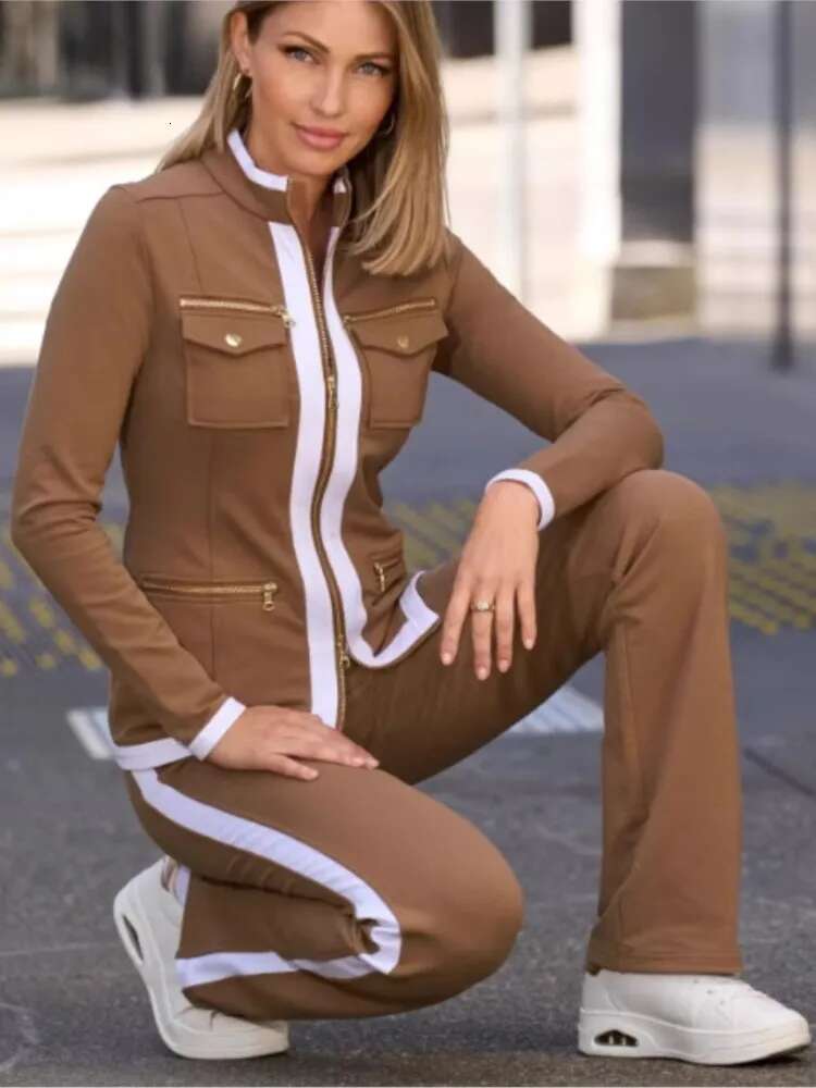 2 Piece Outfit Winter Fall Fashion O-Neck Long Sleeve Zipper Top Coat Elegant Straight Pant Set Women Sports Clothing