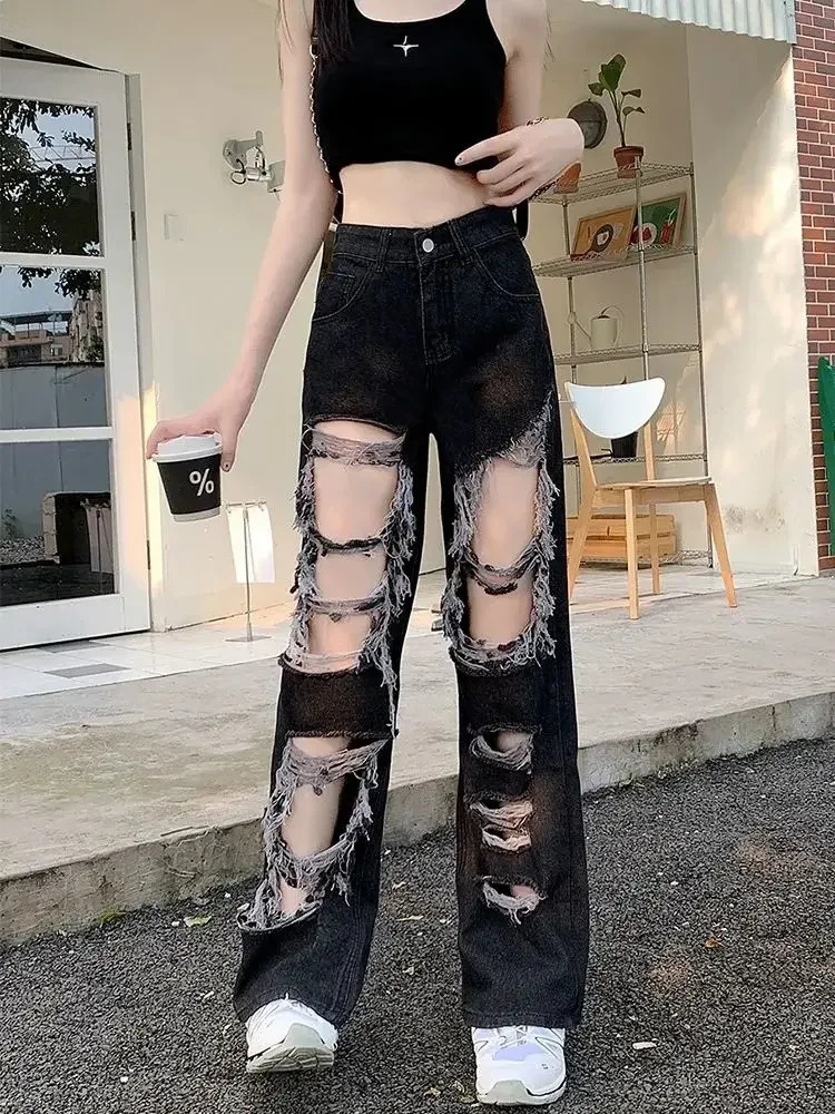 Broken Hole Jeans All-Match Distressed Women High Street Hip Hop High Waist Straight Loose Trousers Y2k Washed Mopping Pants 250306